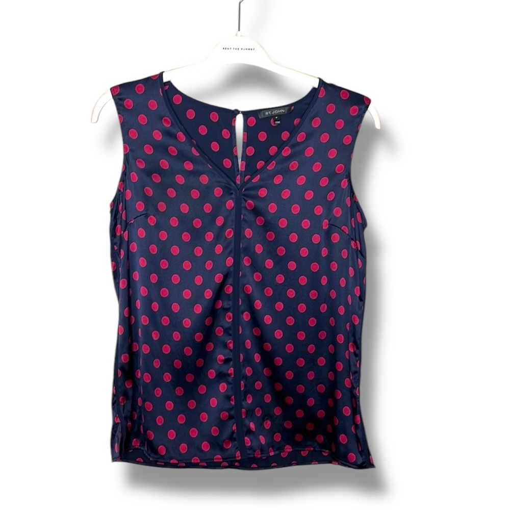 St. John Silk Navy Polka Dot Sleeveless V-Neck Blouse Size M